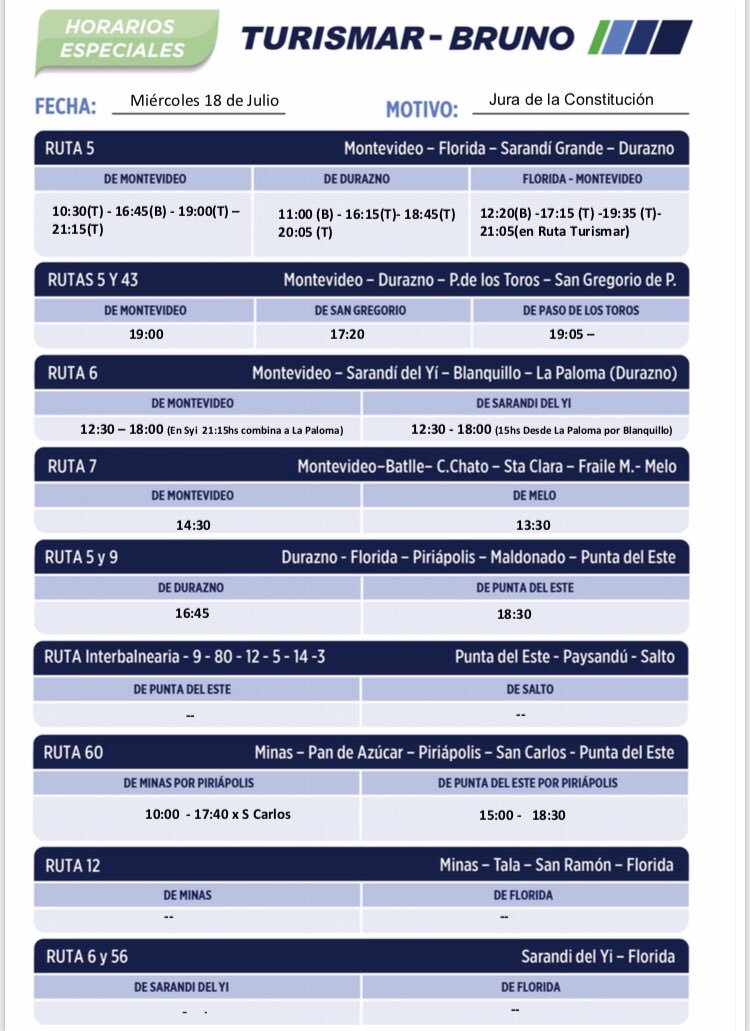 18.07.2018 Turismar informa los horarios para el 18 de Julio