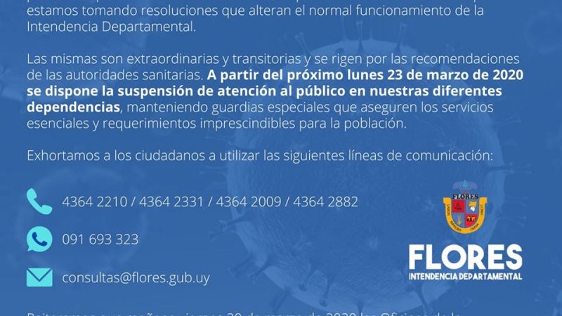 19.03.2020 Desde este lunes se suspenderá la atención al público de la Intendencia de Flores
