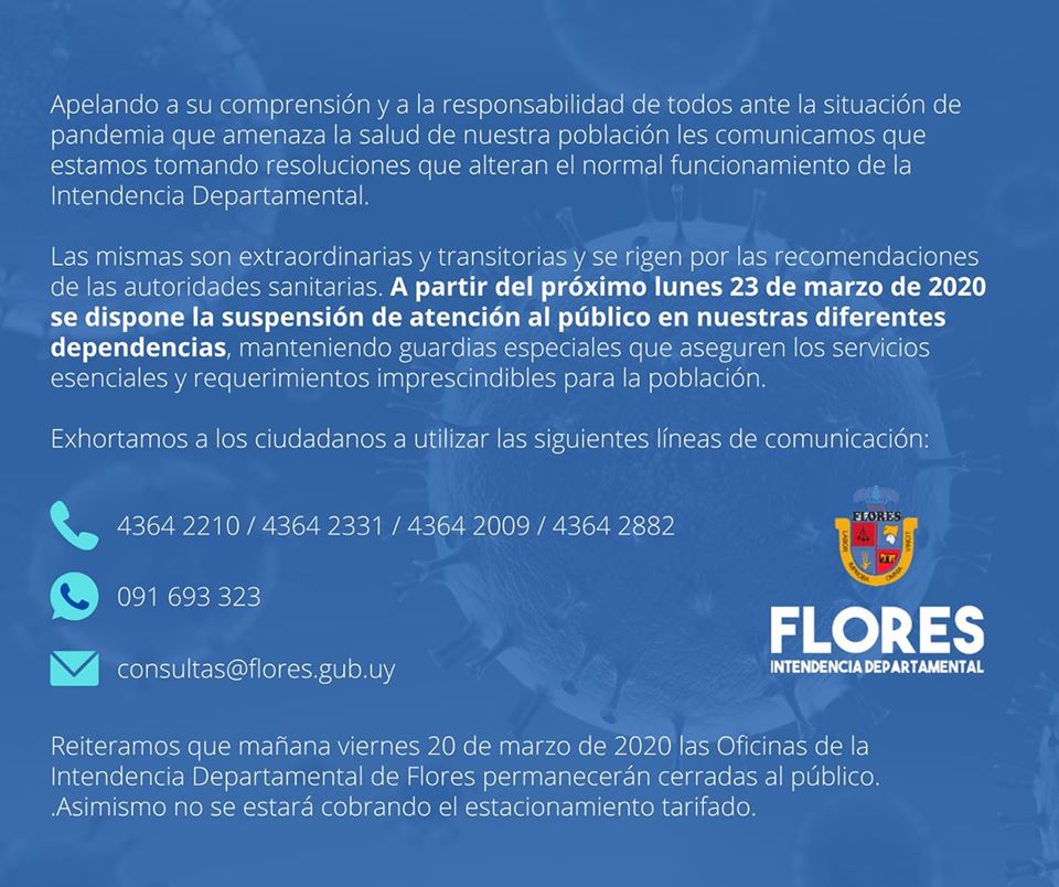 19.03.2020 Desde este lunes se suspenderá la atención al público de la Intendencia de Flores