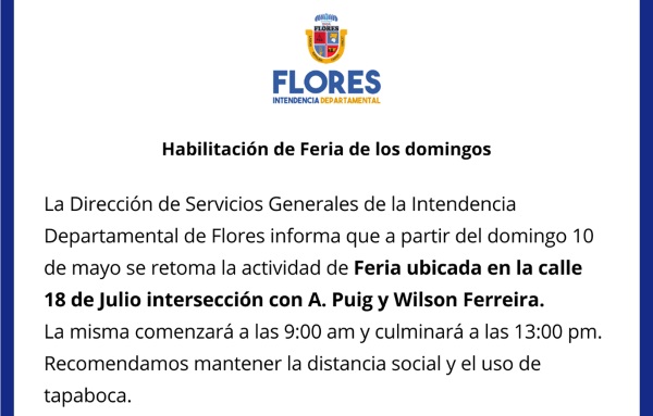 07.05.2020 Desde el 10 de mayo se habilitará la Feria de calle 18 de Julio