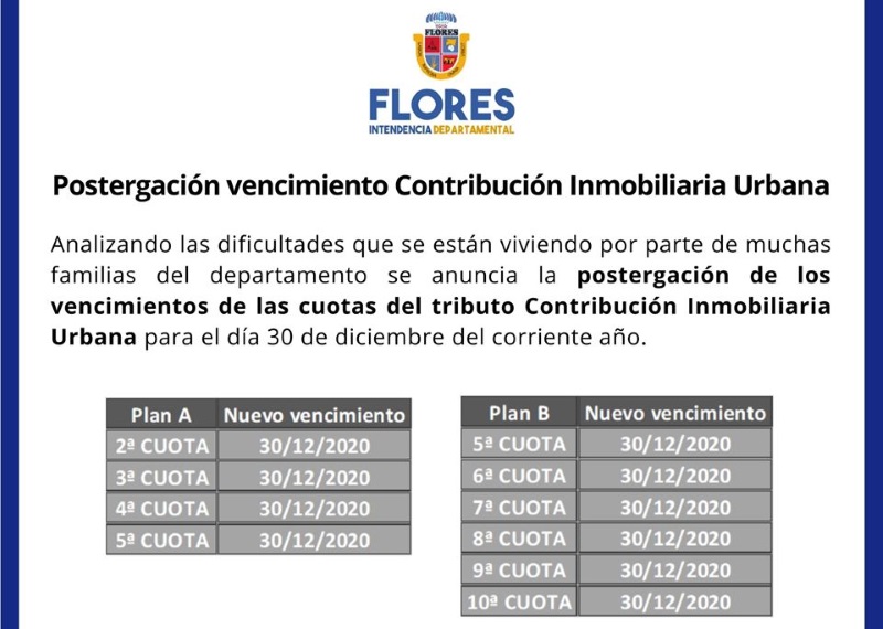 07.08.2020 Intendencia posterga vencimiento de Contribución Inmobiliaria Urbana