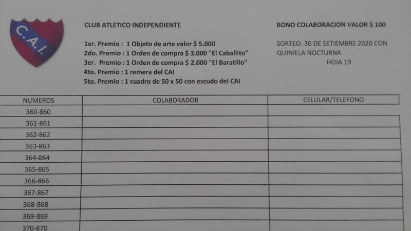 22.08.2020 Independiente sacó a la venta una nueva rifa a beneficio de la institución